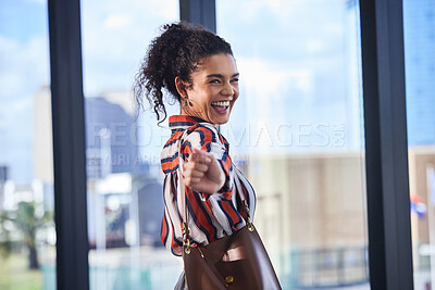 Buy stock photo Woman, excited and business winner in office, fashion designer and creative industry in workplace. Happiness, good news and bonus or career opportunity, smile and success for professional achievement