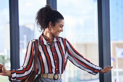 Buy stock photo Dancing, excited and businesswoman in office for job promotion, celebration or achievement. Winning, success or happy young professional consultant in company with smile, good news or deal victory