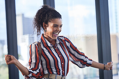 Buy stock photo Woman, excited and business dancing in office, fashion designer and creative industry in workplace. Happiness, good news and bonus or career opportunity, smile and success or professional achievement