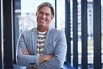 Portrait, employee and man with arms crossed, modern office and confidence with career ambition. Face, mature person and entrepreneur with entertainment agency, public relations and business owner