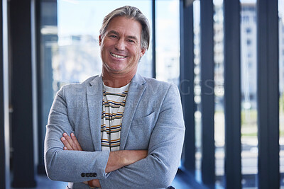 Buy stock photo Portrait, employee and man with arms crossed, modern office and confidence with career ambition. Face, mature person and entrepreneur with entertainment agency, public relations and business owner