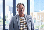 Mature, businessman and happy with portrait in office by company for career in management by agency. Person, professional and pride for business growth, modern workplace and supervisor of department.