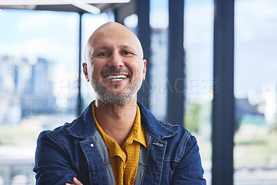 Buy stock photo Creative, portrait and smile with mature art director in office for design or project management. Casual, confident and management with happy employee man in professional workplace for startup