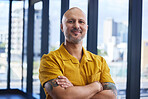 Male person, office or portrait with pride for creative work or career, arms crossed or confidence for web design. Man, happy or business in building for job with startup company, employee with smile