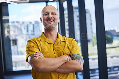 Buy stock photo Man, office or portrait with smile for creative work or career, arms crossed or confidence for web design. Male person, excited or business in building for job with startup company, employee with joy