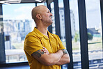 Office, business man and thinking with arms crossed for creative agency, working and inspiration with smile. Workplace, male person or project manager with confidence, planning and ideas for startup
