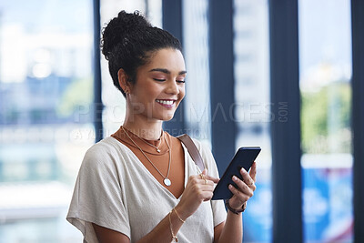 Buy stock photo Business, woman and happy with smartphone in office for networking, internet and research for trending content creation. Female person, cellphone and online in workplace for social media management.