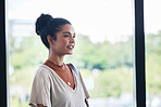 Office, morning and arrive with smile, woman and ready for first day in agency, web designer and employee. Startup, creative and cheerful for internship in workplace, business and happy with ambition