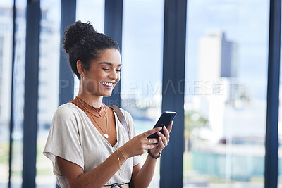Buy stock photo Business, girl and happy with smartphone in office for networking, internet and research for trending content creation. Female person, cellphone and online in workplace for social media management.