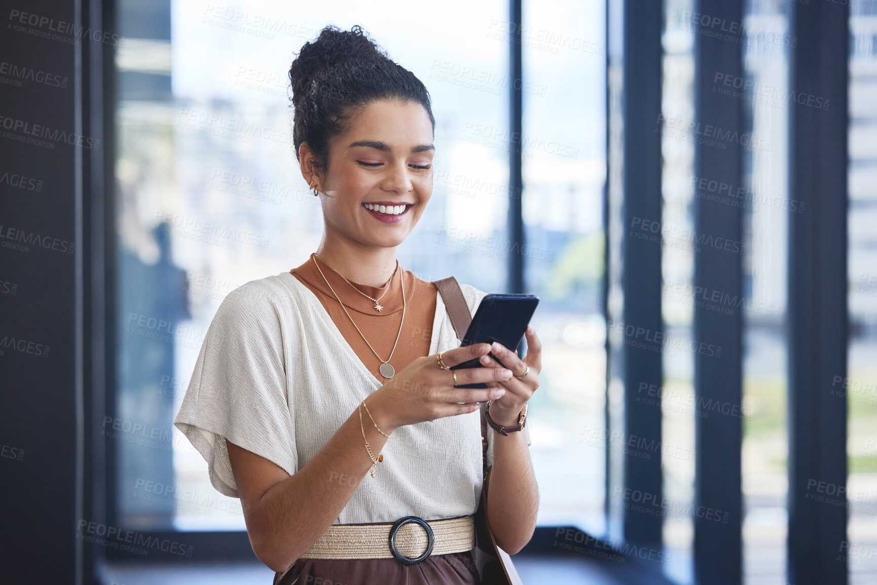 Buy stock photo Business, woman and smile with smartphone in office for networking, internet and research for trending content creation. Female person, cellphone and online in workplace for social media management.