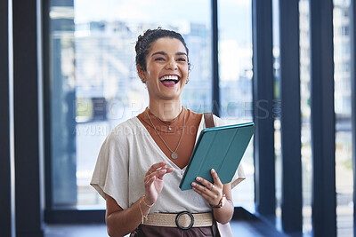 Buy stock photo Business, woman and happy with tablet in office for networking, internet and research for trending content creation. Female person, technology and laughing in workplace for social media management.