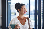 Woman, thinking and tablet for project insight in office, professional and online for perspective. Female person, reflection and proud of ideas for social media growth, opportunity and sales planning