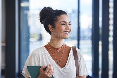Buy stock photo Woman, thinking and tablet for project insight in office, professional and online for perspective. Female person, reflection and proud of ideas for social media growth, opportunity and sales planning