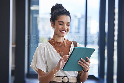 Buy stock photo Business woman, happy and tablet connection for social media, reading digital report and email notification in office. Female employee, tech and internship research, job shadowing tips and planning