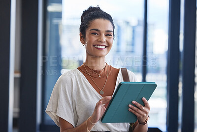 Buy stock photo Woman, tablet and social media manager portrait in office, plan and online for creative feedback. Female person, networking and app for research info, communication and design website for sales