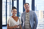 Business people, smile and portrait with phone in office for project research, feedback or support. Creative, man and woman with tech at work for internship training, review or management in New York