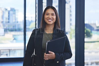 Buy stock photo Portrait, business and woman with documents, smile and confidence with career ambition, lawyer and pride. Face, person and employee with paperwork, attorney and legal aid with proposal and portfolio