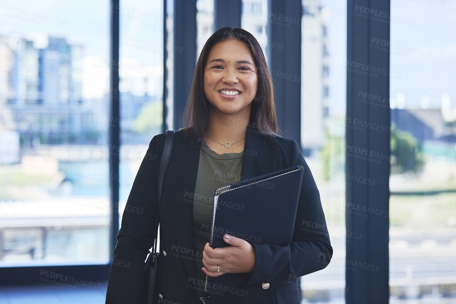 Buy stock photo Portrait, business and woman with documents, smile and confidence with career ambition, lawyer and pride. Face, person and employee with paperwork, attorney and legal aid with proposal and portfolio