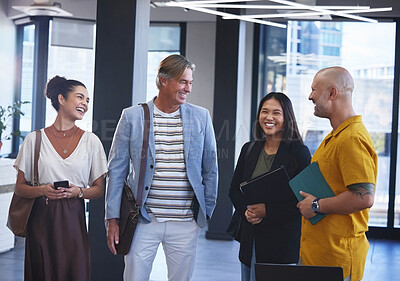 Buy stock photo Business people, talking and laughing in office for teamwork, meeting and workforce. Men, women and designers for collaboration with joke or tablet and notebook for planning, project and discussion