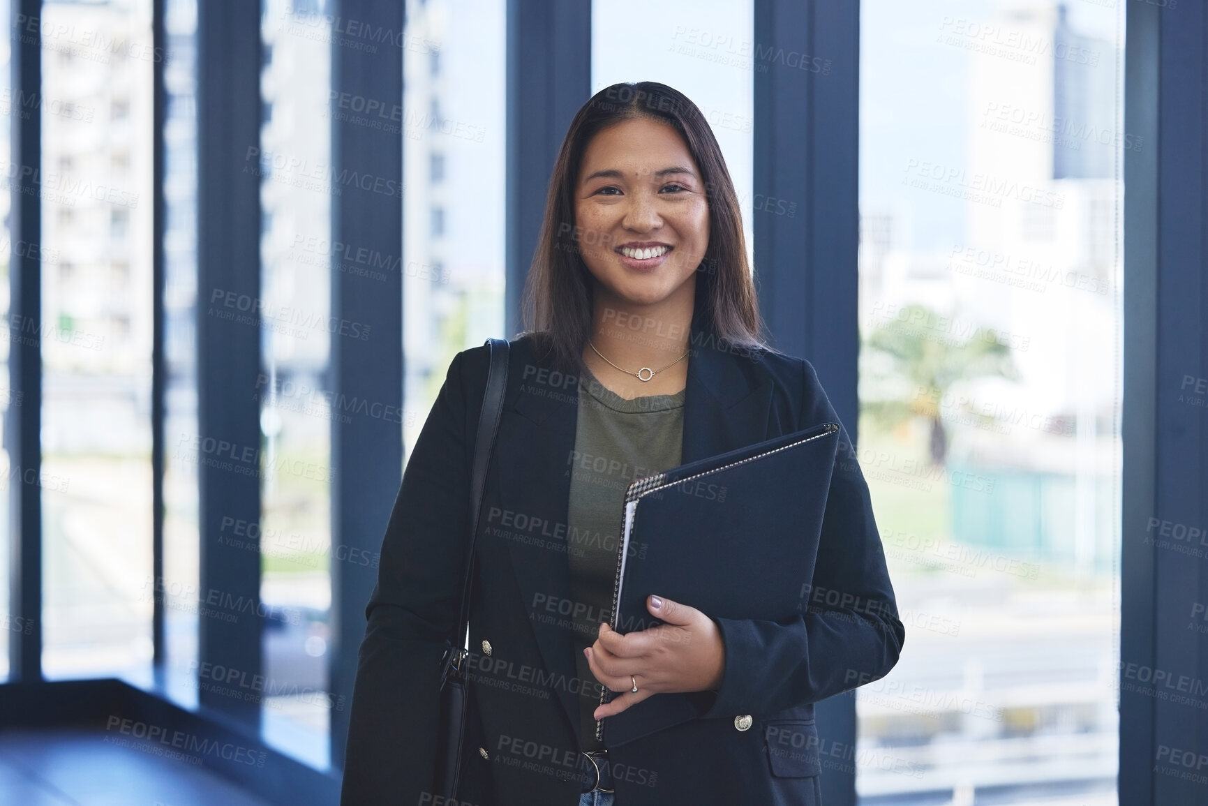 Buy stock photo Portrait, employee and woman with documents, smile and confidence with career ambition, lawyer and portfolio. Face, person or professional with paperwork, attorney or legal aid with proposal or pride