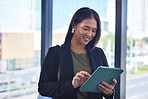 Asian woman, tablet and online for marketing proposal in office, social media manager and networking. Female person, app and schedule calendar in creative agency, research and plan for opportunity