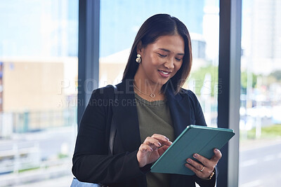 Buy stock photo Asian woman, tablet and online for marketing proposal in office, social media manager and networking. Female person, app and schedule calendar in creative agency, research and plan for opportunity