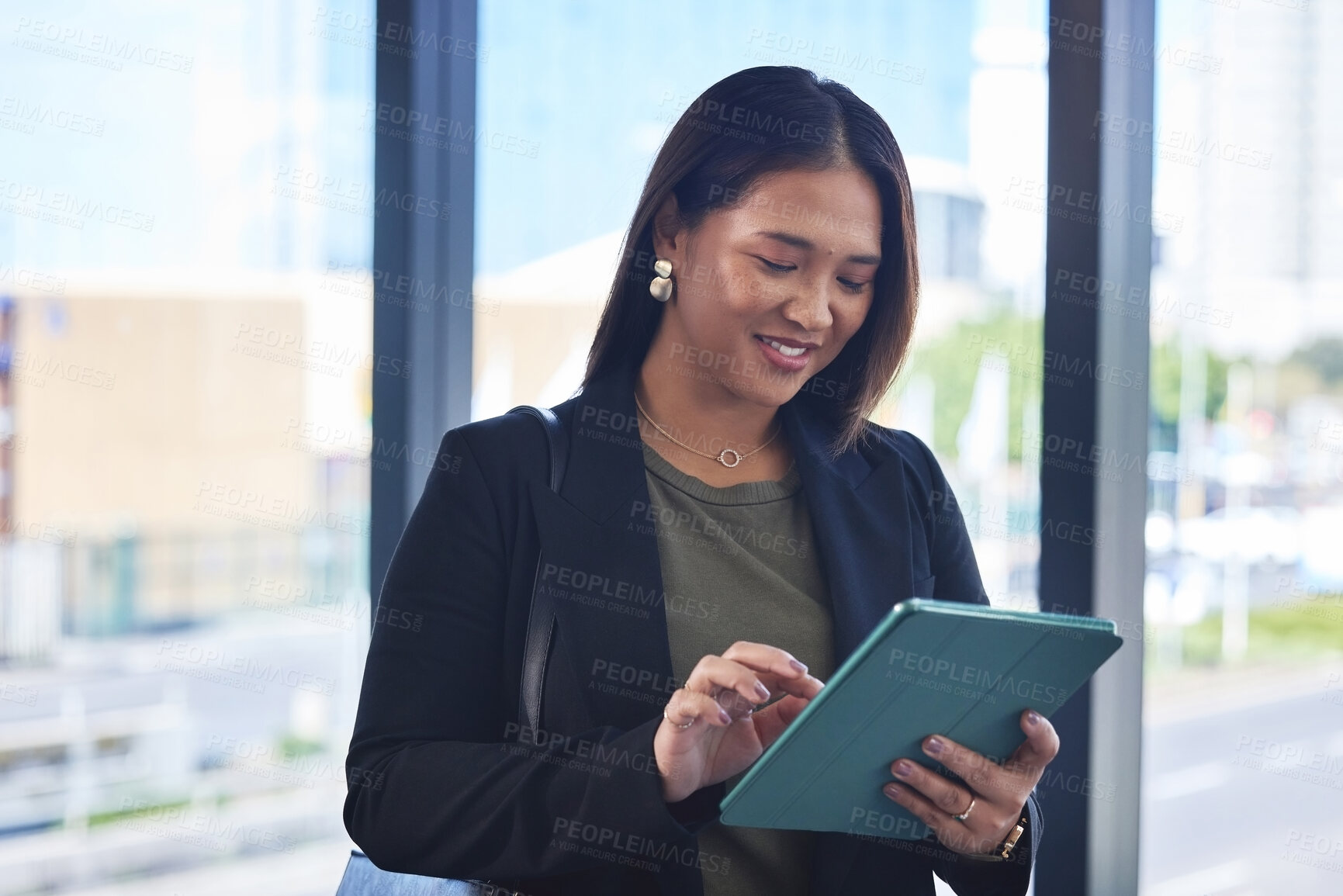 Buy stock photo Asian woman, tablet and online for marketing proposal in office, social media manager and networking. Female person, app and schedule calendar in creative agency, research and plan for opportunity