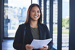 Asian woman, paperwork and prepare for meeting in portrait, accountant and reading budget report. Female person, finance and professional for project management or documents, information and research