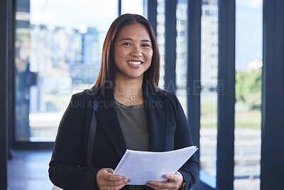 Buy stock photo Asian woman, paperwork and prepare for meeting in portrait, accountant and reading budget report. Female person, finance and professional for project management or documents, information and research