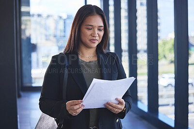 Buy stock photo Asian woman, paperwork and prepare for meeting in office, accountant and reading budget report. Female person, finance and professional for project management or documents, information and research