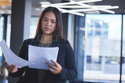 Buy stock photo Business woman, lawyer and reading paperwork with legal policy, report review and check contract agreement in office. Asian attorney, documents and analysis for testament, insurance and compliance