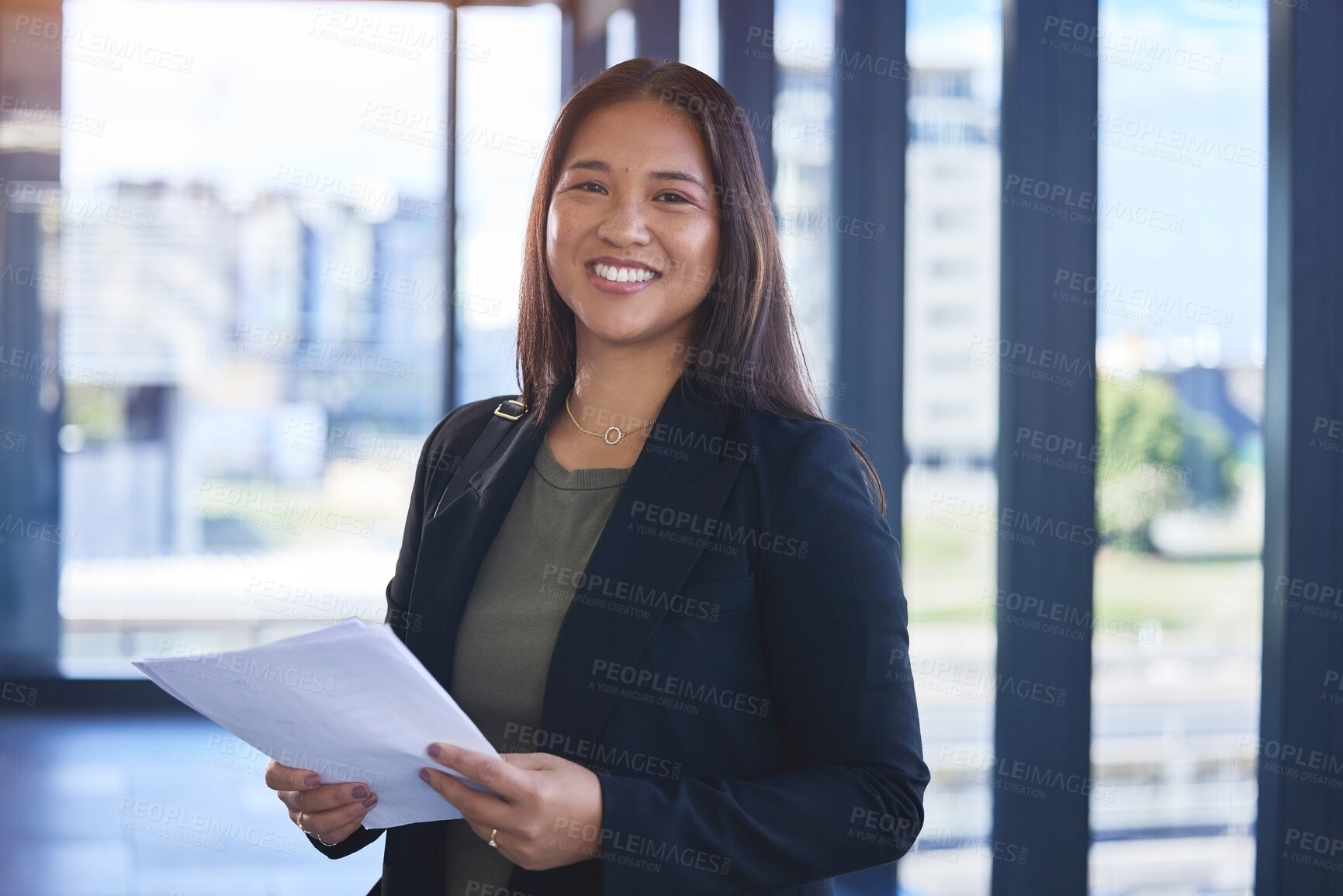 Buy stock photo Woman, portrait and reading paperwork in office for budget planning, finance portfolio and payment loan. Happy, female person and document for review, report and legal asset management of application