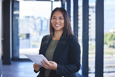 Buy stock photo Portrait, woman and reading paperwork in office for budget planning, finance portfolio and payment loan. Happy, female person and document for review, report and legal asset management on application