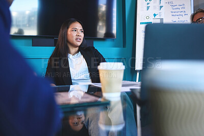 Buy stock photo Business, woman and frustrated in meeting with staff for marketing planning, collaboration and review stats growth. Employee, discussion and conference room with laptop,  coffee and development