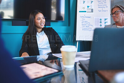 Buy stock photo Business, woman and happy in meeting with staff for marketing planning, collaboration and review stats growth. Employee, discussion and conference room with equipment,  coffee and development