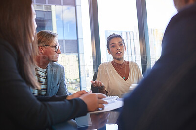 Buy stock photo Meeting, business team and paper in office for strategy, budget discussion and proposal in city. Corporate group, documents or woman with idea for investment, company development or growth in economy