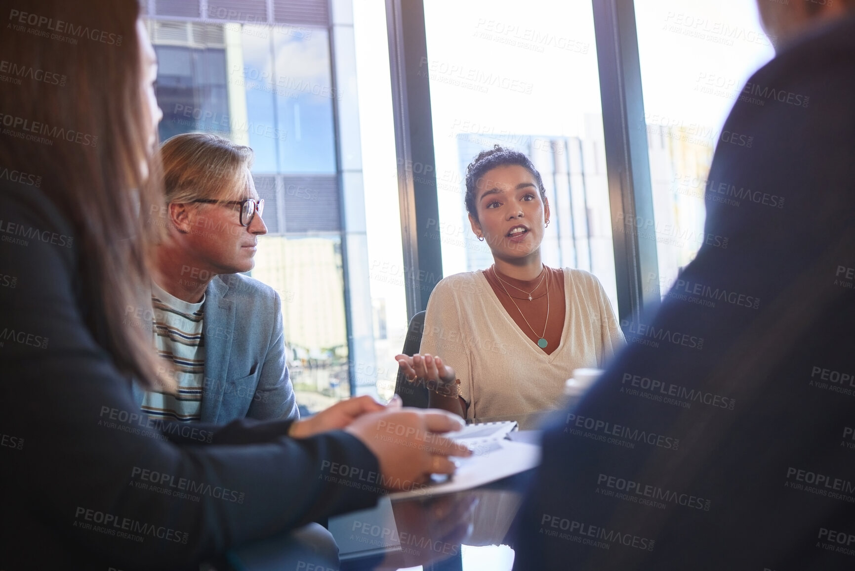 Buy stock photo Meeting, business team and paper in office for strategy, budget discussion and proposal in city. Corporate group, documents or woman with idea for investment, company development or growth in economy