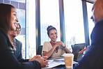Meeting, happy team and paper in office for strategy, budget adjustment and financial success in city. Corporate group, documents and people with ideas for investment, company development and growth