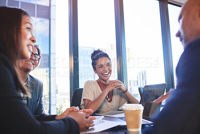 Buy stock photo Meeting, happy team and paper in office for strategy, budget adjustment and financial goals in city. Corporate group, documents and people with ideas for investment, company development and growth