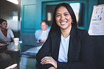 Meeting, business and portrait of happy woman in office for consultation, training and collaboration. Female financial advisor, smile and strategy in company for investment, development and growth