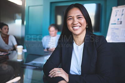 Buy stock photo Meeting, business and portrait of happy woman in office for consultation, training and collaboration. Female financial advisor, smile and strategy in company for investment, development and growth