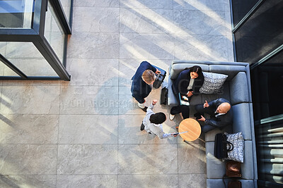 Buy stock photo Business people, above and meeting in building with strategy, financial pitch with document for collaboration. Top view, tax accountant and table teamwork with budget paper for economy in office