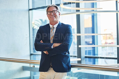 Buy stock photo Happy, confident or portrait of mature businessman in office for career success, manager or satisfied. Male CEO, arms crossed or corporate wealth in accounting firm with growth, ambition or trust