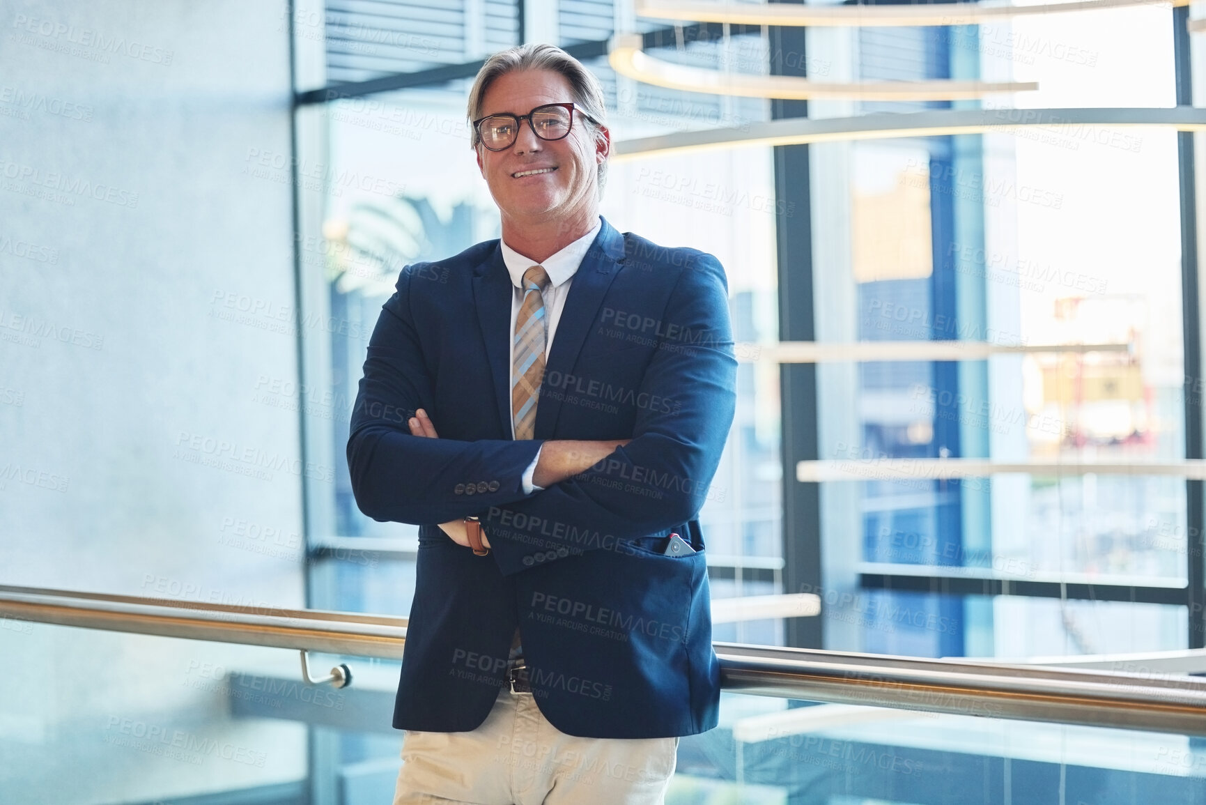 Buy stock photo Happy, confident or portrait of mature businessman in office for career success, manager or satisfied. Male CEO, arms crossed or corporate wealth in accounting firm with growth, ambition or trust