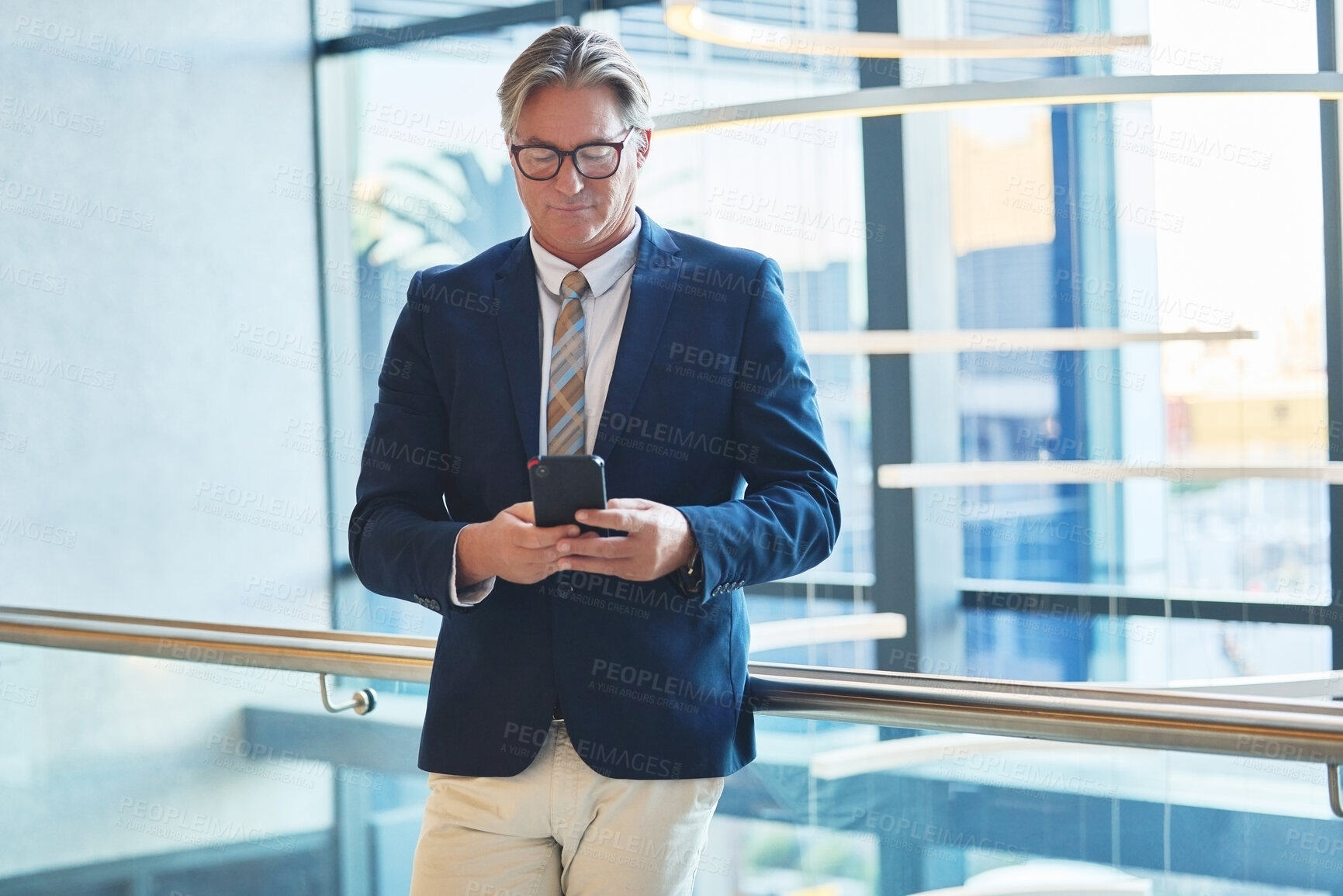 Buy stock photo Phone, networking and businessman in office for email for corporate communication with client. Cellphone, reading and mature male finance executive with online company revenue report in workplace.
