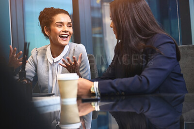 Buy stock photo Office, business women and discussion with smile, planning and opinion for corporate project with chat. Boardroom, meeting and female manager with event planner with details, ideas and communication