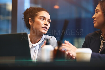 Buy stock photo Women, business and discussion with employees in office, presentation and preparation for meeting. Professional, collaboration and company or project planning, speaking and together in workplace