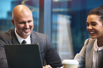 Business, people and happy in office with laptop for ideas or planning with reports or review for company finance. Partners, employees and smile in boardroom with teamwork, collaboration and feedback