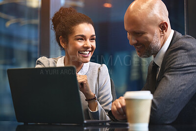 Buy stock photo Business, people and smile in office with laptop for ideas or planning with reports or review for company finance. Partners, employees and happy in boardroom with teamwork, collaboration and feedback