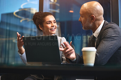 Buy stock photo Business people, colleagues and laptop in office for collaboration, brainstorming or proposal in career. Team, mentorship and partnership with coworkers, peer review or feedback as employees at work